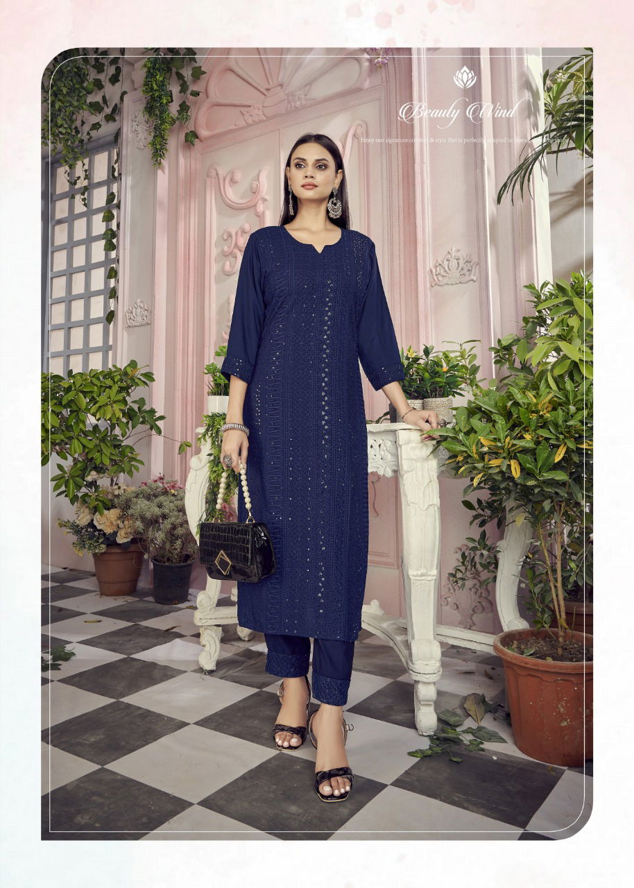 Banwery Schiffli Rayon Fancy Wear Latest Kurti With Pant Collection
